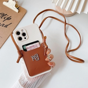 Crossbody phone case for iPhone with white shell, brown leather card slot and a rhinestone W