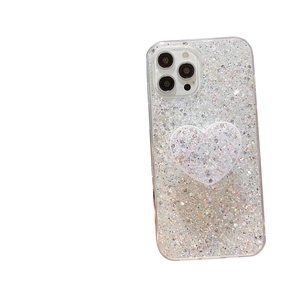 Sparkly glitter iPhone case with heart stand in silver finish for iPhone 15 and 17