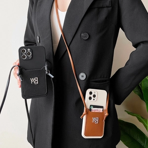 Crossbody leather card holder case for iPhone 16 Pro Max with adjustable lanyard strap