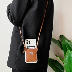 Brown leather crossbody card holder case with strap for iPhone 16 Pro Max