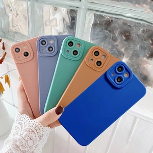 Detail of five colorful silicone phone cases with raised protective camera lens frames