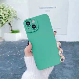 Detail of mint green liquid silicone phone case with raised pro camera protection