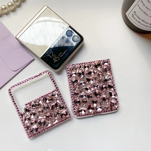 Detailed view of luxury pink rhinestone case with drop-shaped crystals for Galaxy Z Flip