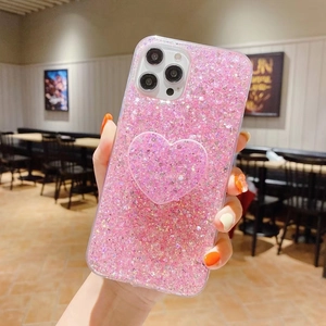 Funda rosa brillante para iPhone con soporte de corazón a juego para mujeres