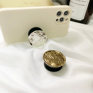 Retro round metallic expandable phone grip with gold and silver hammered texture finish