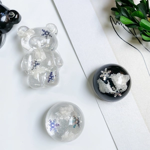 Detail of bear-shaped phone grip with glitter snowflakes and cloud texture
