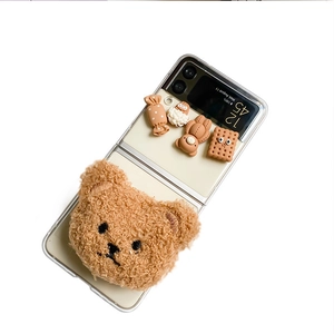 Cute brown plush bear phone case with resin charms for Samsung Galaxy Z Flip foldable models