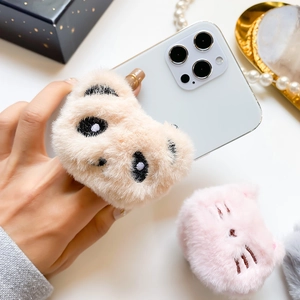 Cute plush panda and pink cat phone air cushion stand with soft fur for mobile support