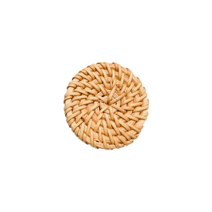 Minimalist round woven rattan phone socket grip with natural spiral texture and wood finish
