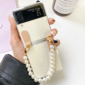 Samsung Z Flip transparent case with elegant pearl strap and pink leather accents