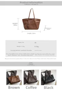 Detailed dimension chart for large PU leather tote bag with functional handle drop