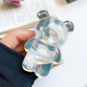 Transparent bear phone grip with cloud filler on hand, minimalist phone stand
