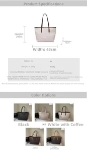 Detailed size specifications for a large capacity PU leather tote bag with measurements