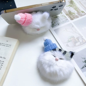 Cute plush cat head phone socket grip with knitted hats in white and grey colors