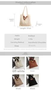 Detailed size specifications and color options for the knitted tote bag with toggle