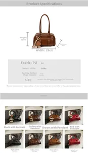 Detailed spec sheet showing dimensions and four colors of glossy PU leather underarm bags