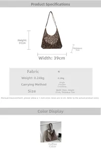 Detailed size chart and specifications for the leopard print large canvas hobo bag