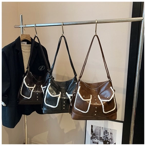 Fashionable PU leather shoulder bags with faux fur trim and metal rivets in three colors