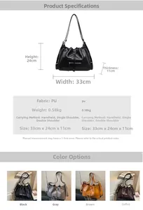 Tableau des tailles du sac en PU noir avec dimensions 33x24x11cm et poids de 0,58kg inclus
