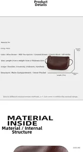 Detailed dimension chart for a brown PU leather crossbody bag showing 21x13x8cm size