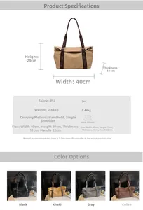 Detailed size specifications and color options for large suede leather tote bag
