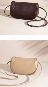 Detail showing minimalist leather crossbody bags in dark brown and beige with leaf shadows