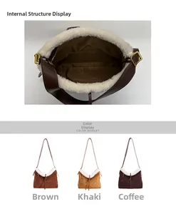 Dettaglio borsa vintage monogram in finto scamosciato con bordo in pile e tasca interna
