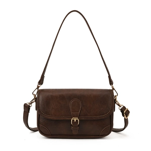 Vintage brown leather crossbody flap bag with bronze buckle for women in autumn and winter