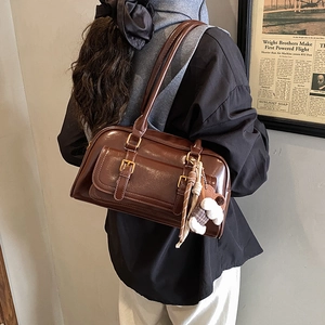 Deep brown glossy PU leather underarm bag with teddy bear charm and double straps