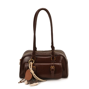 Deep brown faux leather underarm bag with long straps and cute bear charm decor