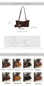 Detailed view of suede shoulder bag size chart and four color variants with charms