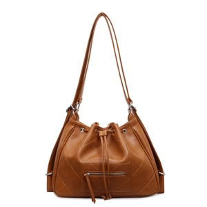 Brown quilted faux leather drawstring tote bag with functional front zipper pocket