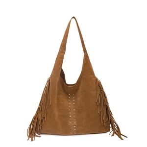 Borsa a spalla vintage in pelle scamosciata marrone con borchie e nappe laterali