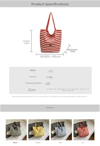 Detailed size chart and dimensions for the large striped canvas tote bag in four colors
