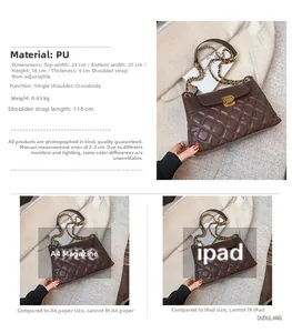 Dimensions détaillées du sac à bandoulière matelassé marron avec chaîne en métal