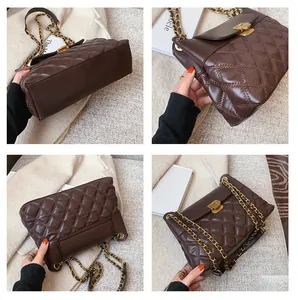 Vues détaillées du sac matelassé marron foncé avec chaîne dorée et fermoir pivotant