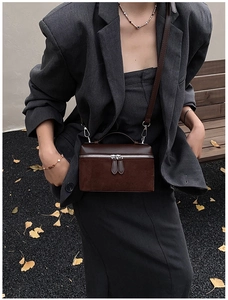 Detail of dark brown square crossbody bag with dual-zipper on a gray suit model