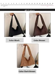 Three colors of rivet-decorated suede hobo bags shown with a scale ruler for size