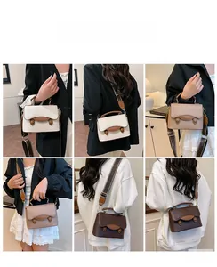 Détails du sac carré en cuir grainé avec larges bandoulières vintage en trois couleurs