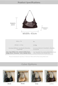 Tableau des tailles et dimensions détaillées du grand sac hobo en cuir PU souple