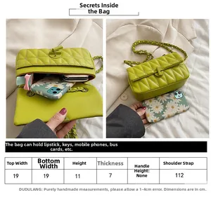 Detailed size chart for quilted flap bag with 112cm chain strap and dimensions