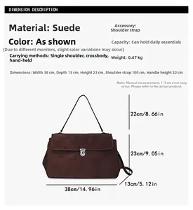 Size chart showing large suede shoulder bag dimensions with detailed product parameters