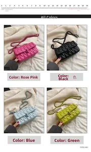 Quilted chain bags in rose pink, black, blue, and green with 20cm size scale