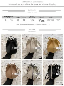 Detailed size specifications and multi-color chart for the folding bucket shoulder bag