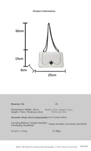 Detailed size specifications for a white faux leather snake skin pattern shoulder bag