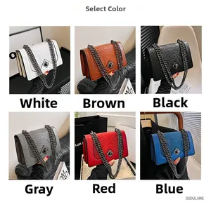 Detailed grid view of snake pattern shoulder bags with metal chain in six different colors