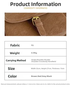 Detailed view of brown PU leather bag with lychee texture and size information chart