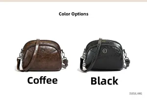 Detail view of coffee and black vintage faux leather crossbody bags with metal logo