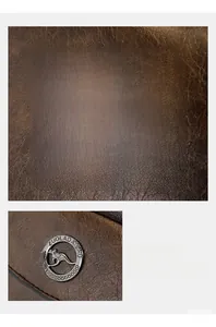 Detail shot of brown grain leather texture and metallic kangaroo logo on a shoulder bag