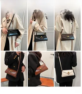 Detail view of retro rectangle flap bags with metallic ring closure in four colors